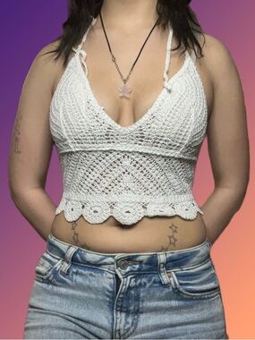 SHEIN White Crochet Halter Tie-Back Crop Top